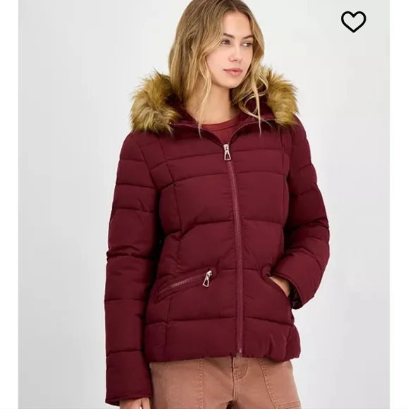 NWT Maralyn & Me Wine Hooded Cozy Puffer Coat With Faux Fur Trim Size XL - Picture 13 of 14